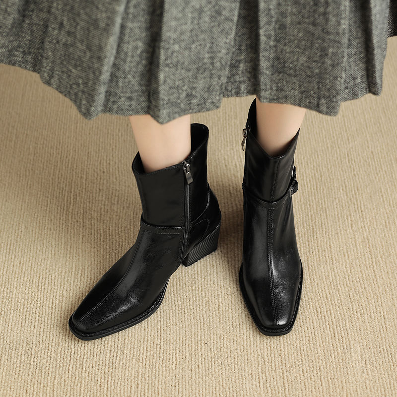 Women's Retro Cowhide Ankle Boots Square Toe Buckle Strap Chunky High Heel Zipper Booties