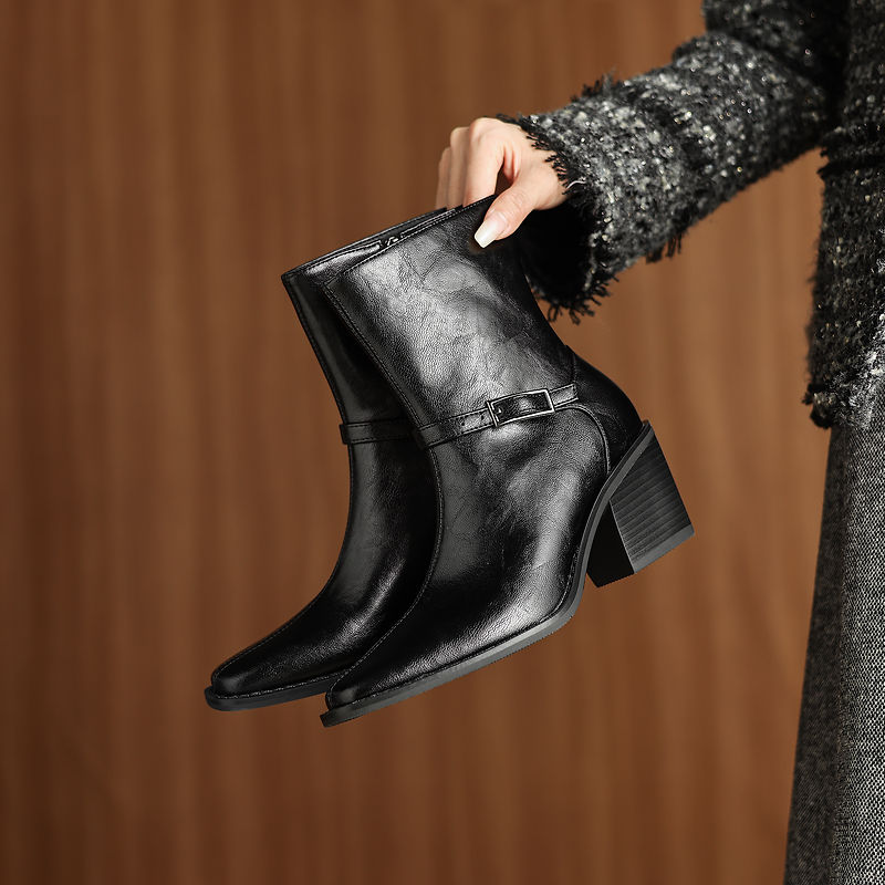 Women's Retro Cowhide Ankle Boots Square Toe Buckle Strap Chunky High Heel Zipper Booties