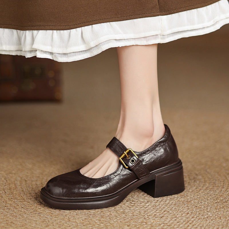 Women's Sheepskin Mary Janes - 5.0cm Chunky Block Heel - Round Toe Platform Heels