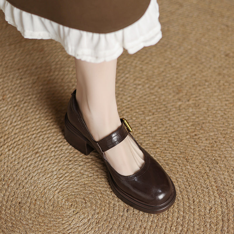 Women's Sheepskin Mary Janes - 5.0cm Chunky Block Heel - Round Toe Platform Heels