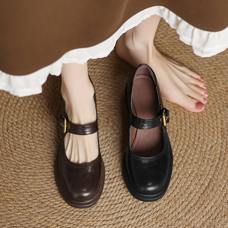 Women's Sheepskin Mary Janes - 5.0cm Chunky Block Heel - Round Toe Platform Heels