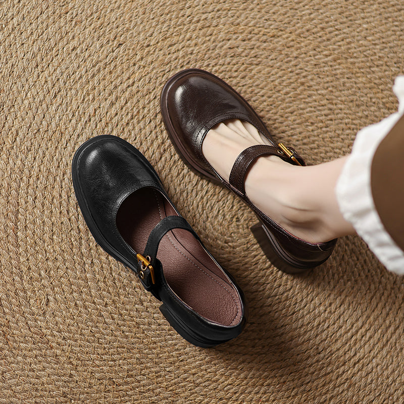Women's Sheepskin Mary Janes - 5.0cm Chunky Block Heel - Round Toe Platform Heels