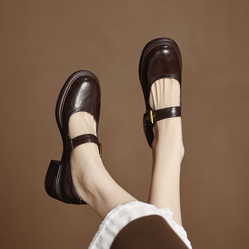 Women's Sheepskin Mary Janes - 5.0cm Chunky Block Heel - Round Toe Platform Heels