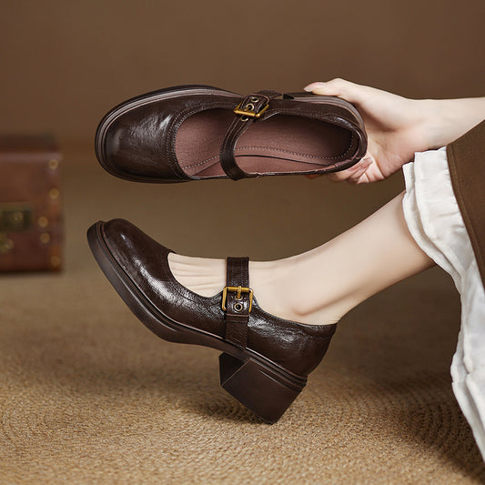 Women's Sheepskin Mary Janes - 5.0cm Chunky Block Heel - Round Toe Platform Heels