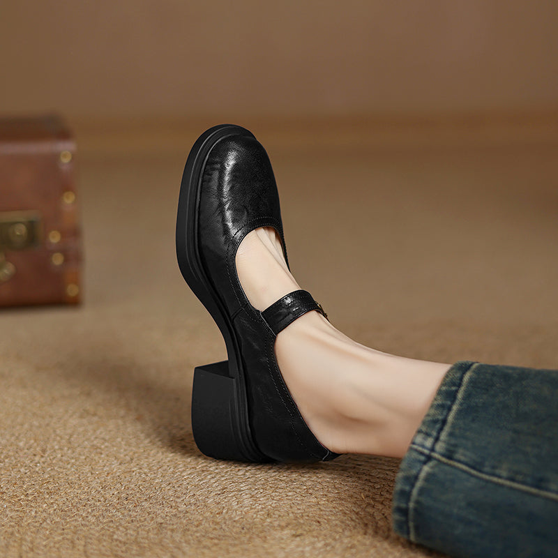 Women's Sheepskin Mary Janes - 5.0cm Chunky Block Heel - Round Toe Platform Heels
