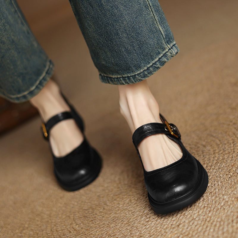 Women's Sheepskin Mary Janes - 5.0cm Chunky Block Heel - Round Toe Platform Heels