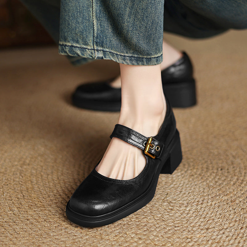 Women's Sheepskin Mary Janes - 5.0cm Chunky Block Heel - Round Toe Platform Heels