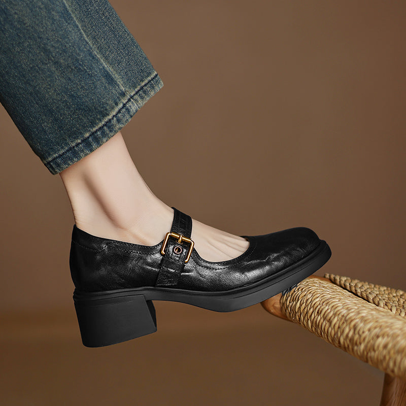 Women's Sheepskin Mary Janes - 5.0cm Chunky Block Heel - Round Toe Platform Heels