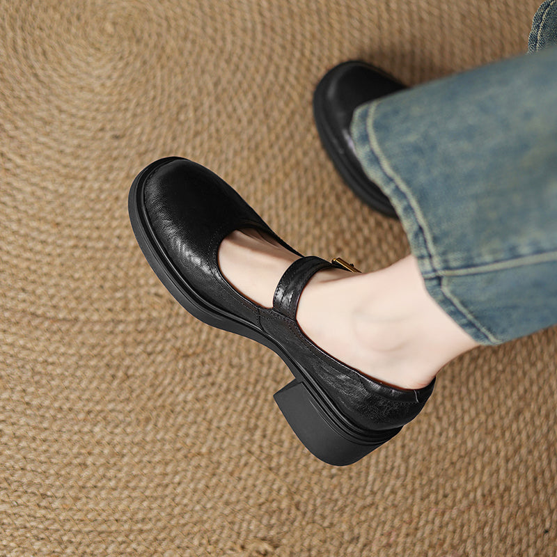 Women's Sheepskin Mary Janes - 5.0cm Chunky Block Heel - Round Toe Platform Heels
