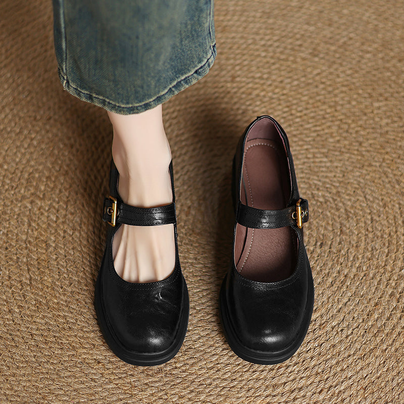 Women's Sheepskin Mary Janes - 5.0cm Chunky Block Heel - Round Toe Platform Heels