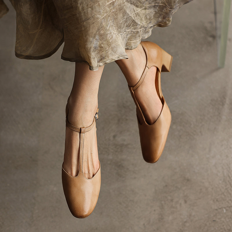 Women's Leather T-Strap Pumps - Vintage Washed Cowhide Closed Mid Block Heel Sandals d'Orsay Shoes with Buckle Strap