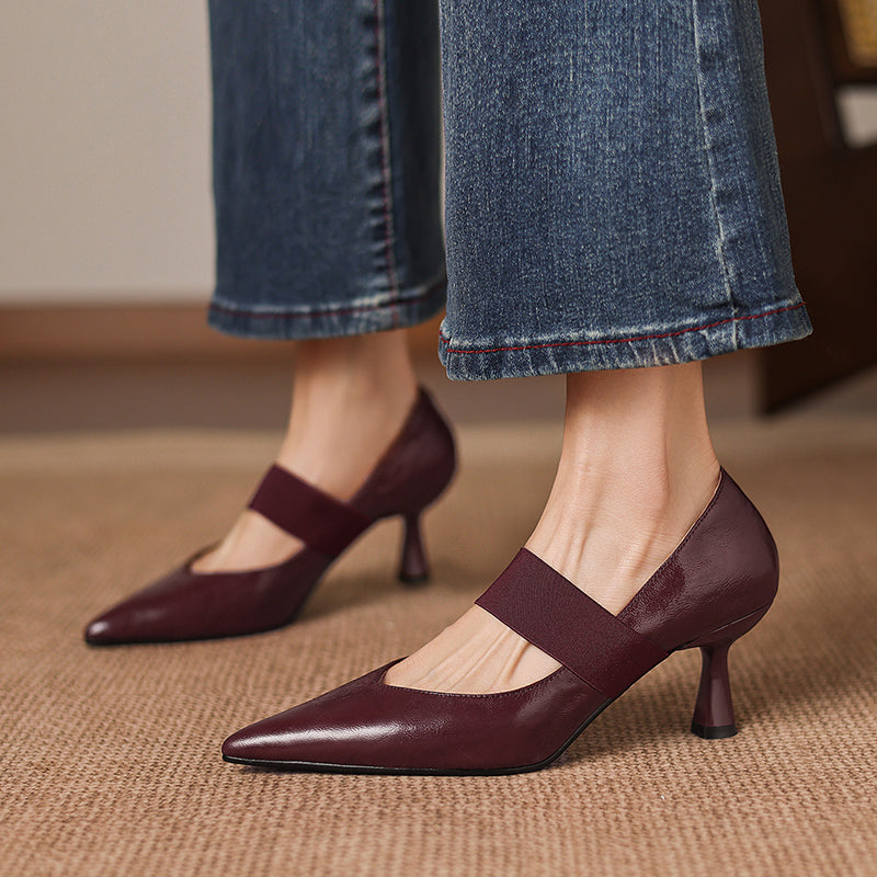 Women's French Style Sheepskin Pumps - Pointed Toe Elastic Strap Heels - 6.5cm Stiletto