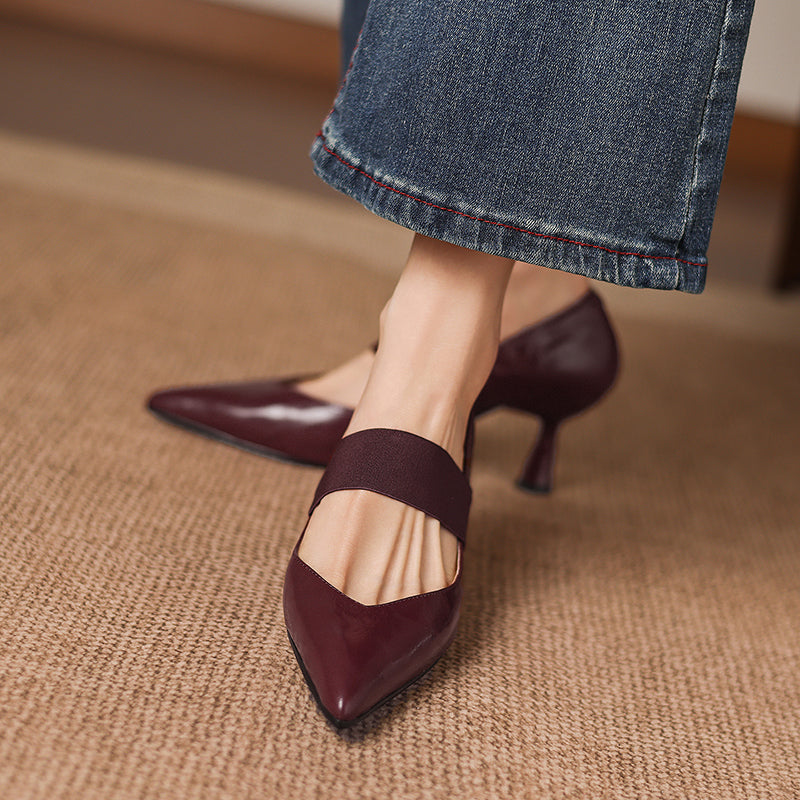 Women's French Style Sheepskin Pumps - Pointed Toe Elastic Strap Heels - 6.5cm Stiletto