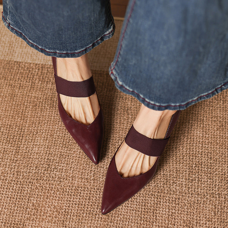 Women's French Style Sheepskin Pumps - Pointed Toe Elastic Strap Heels - 6.5cm Stiletto