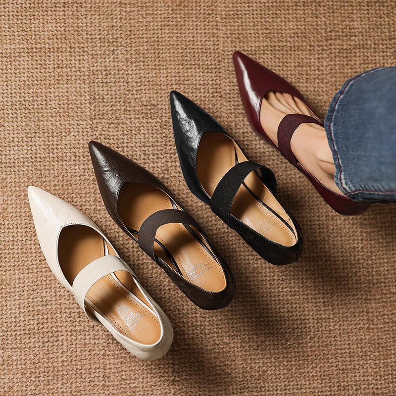 Women's French Style Sheepskin Pumps - Pointed Toe Elastic Strap Heels - 6.5cm Stiletto