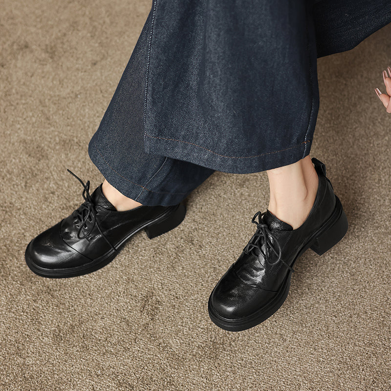 Women's Sheepskin Oxford Shoes - Sophisticated Round Toe Block Heels