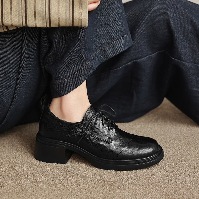 Women's Sheepskin Oxford Shoes - Sophisticated Round Toe Block Heels