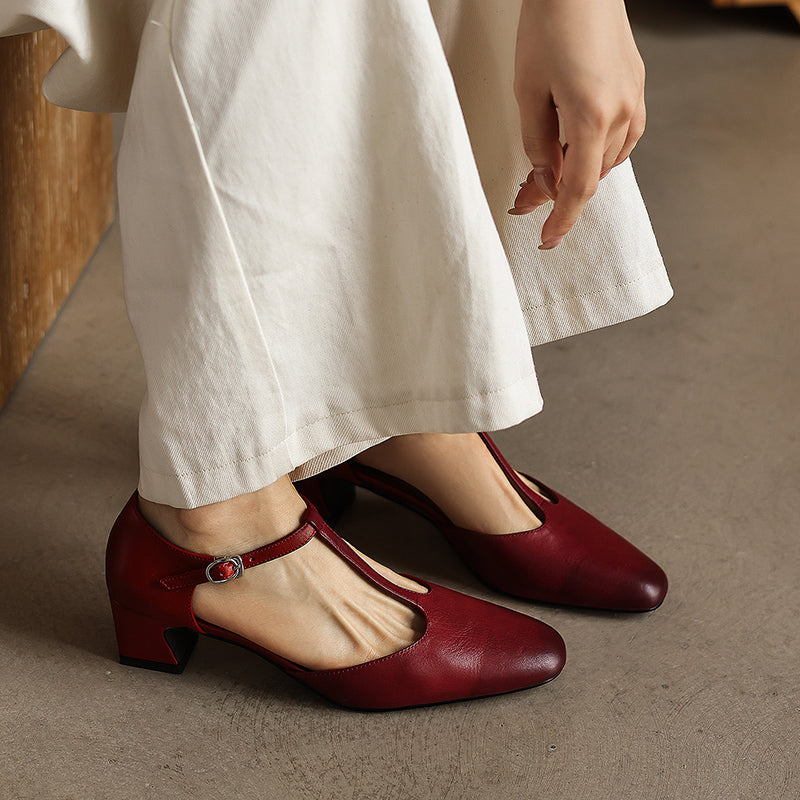 Women's Leather T-Strap Pumps - Vintage Washed Cowhide Closed Mid Block Heel Sandals d'Orsay Shoes with Buckle Strap