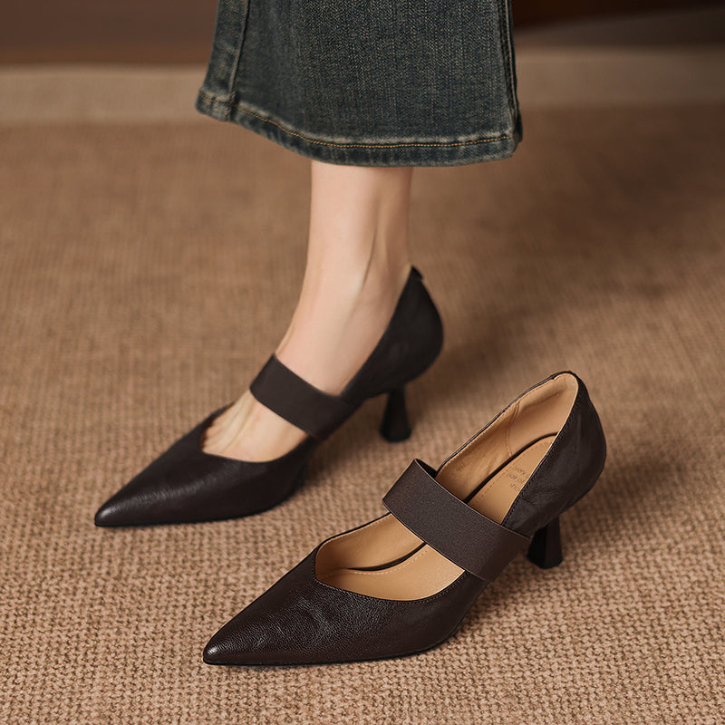 Women's French Style Sheepskin Pumps - Pointed Toe Elastic Strap Heels - 6.5cm Stiletto
