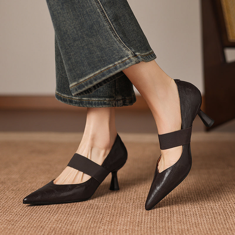 Women's French Style Sheepskin Pumps - Pointed Toe Elastic Strap Heels - 6.5cm Stiletto