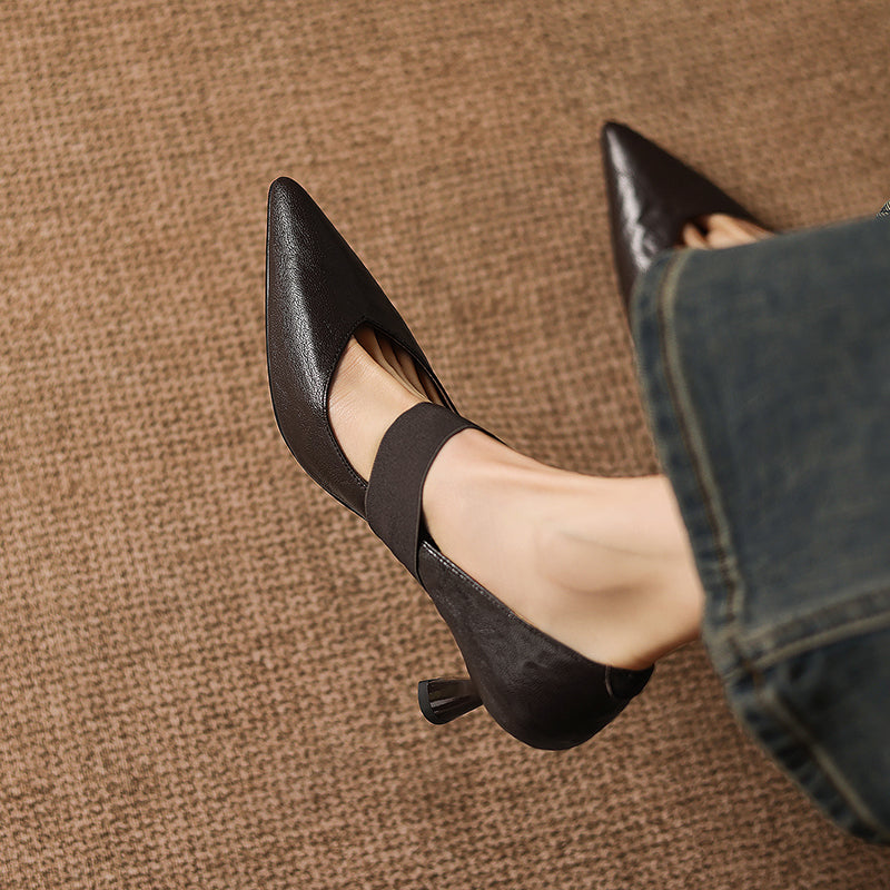 Women's French Style Sheepskin Pumps - Pointed Toe Elastic Strap Heels - 6.5cm Stiletto