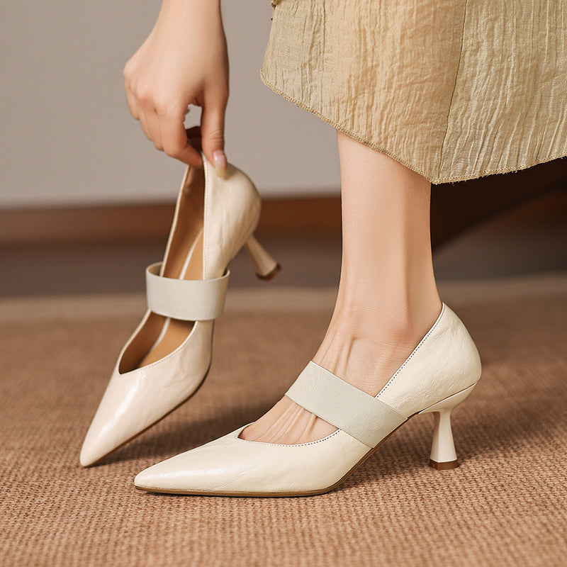 Women's French Style Sheepskin Pumps - Pointed Toe Elastic Strap Heels - 6.5cm Stiletto