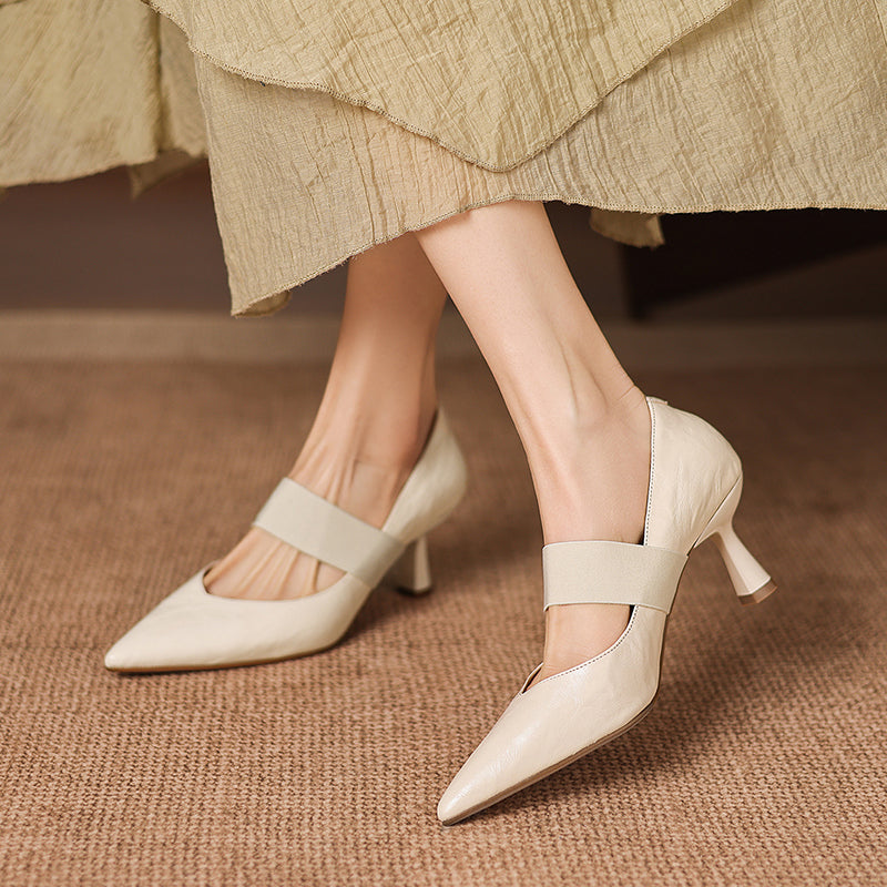 Women's French Style Sheepskin Pumps - Pointed Toe Elastic Strap Heels - 6.5cm Stiletto