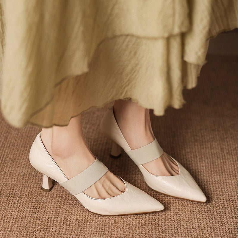 Women's French Style Sheepskin Pumps - Pointed Toe Elastic Strap Heels - 6.5cm Stiletto
