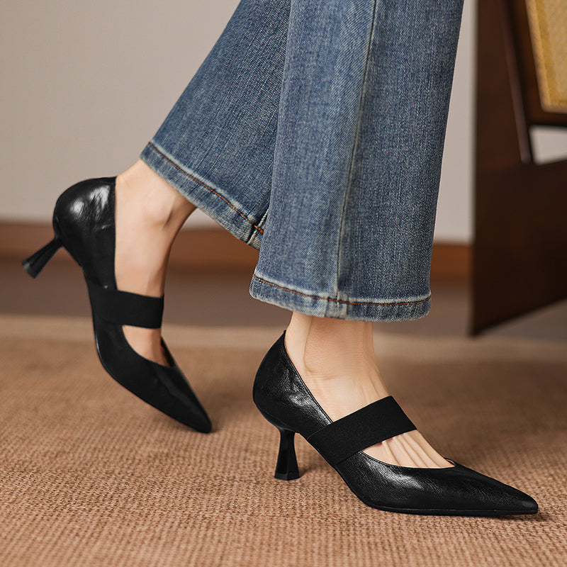 Women's French Style Sheepskin Pumps - Pointed Toe Elastic Strap Heels - 6.5cm Stiletto