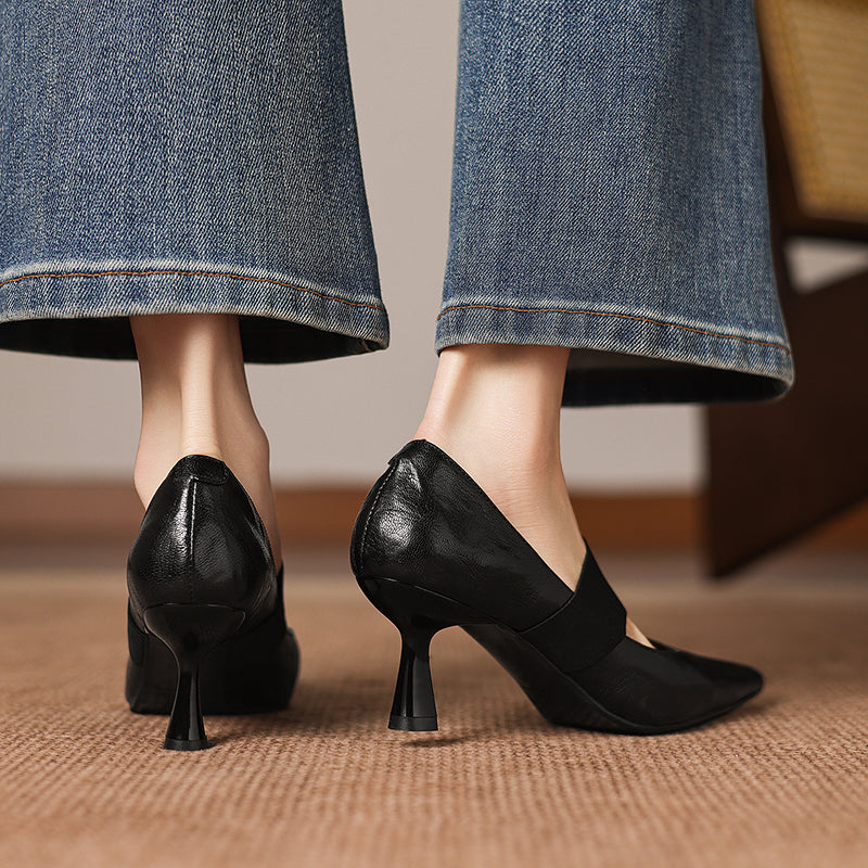 Women's French Style Sheepskin Pumps - Pointed Toe Elastic Strap Heels - 6.5cm Stiletto
