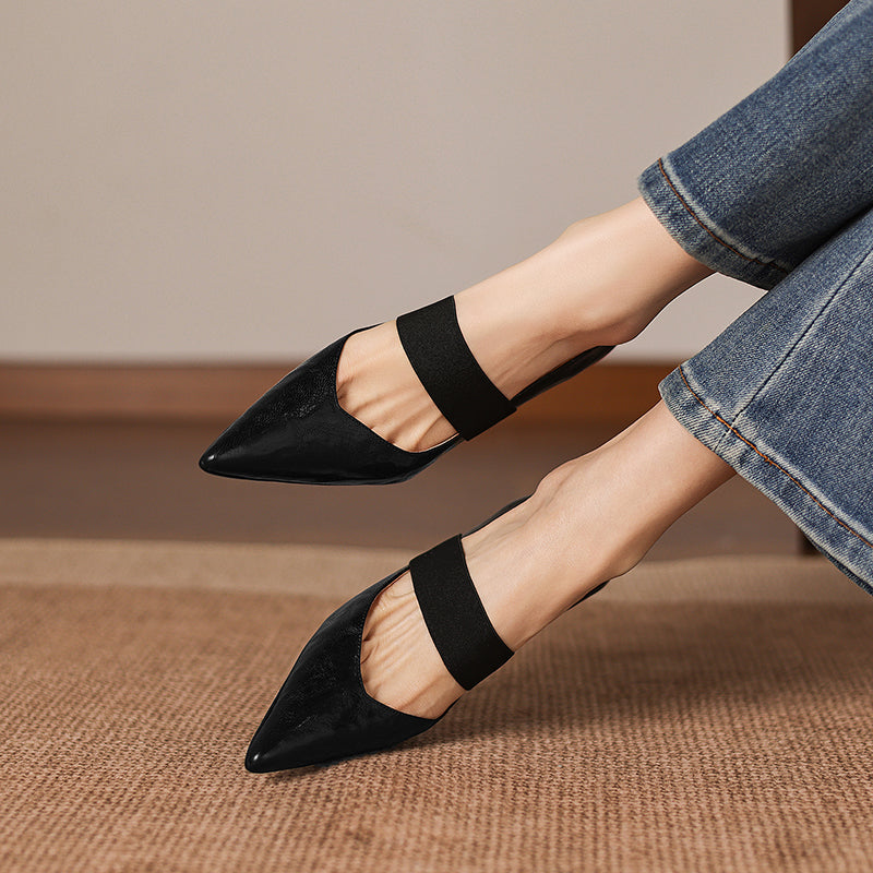Women's French Style Sheepskin Pumps - Pointed Toe Elastic Strap Heels - 6.5cm Stiletto