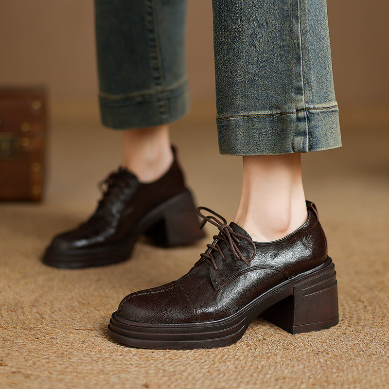 Women's Retro Leather Oxford Shoes Vintage Round Toe Platform Chunky High Heels