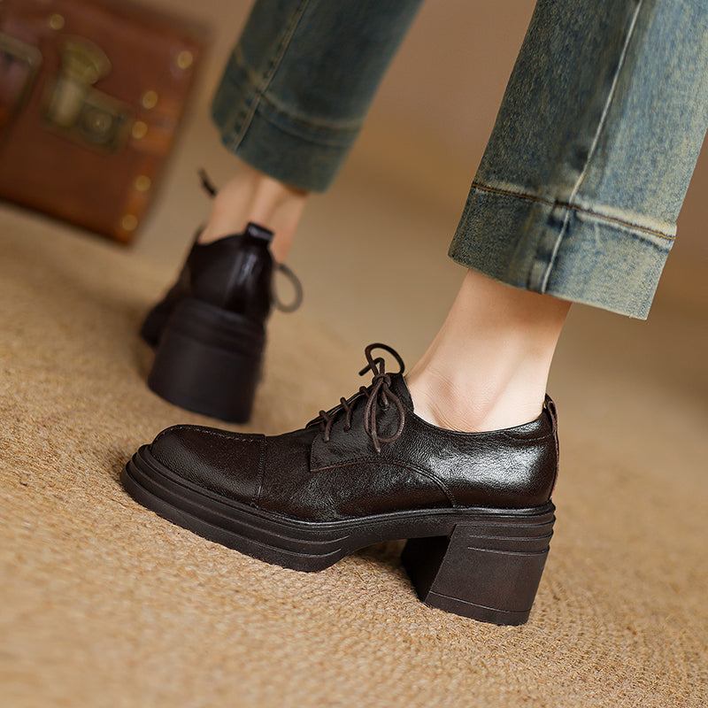 Women's Retro Leather Oxford Shoes Vintage Round Toe Platform Chunky High Heels