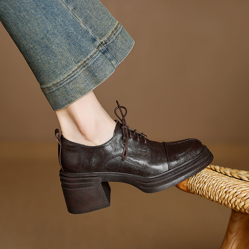 Women's Retro Leather Oxford Shoes Vintage Round Toe Platform Chunky High Heels