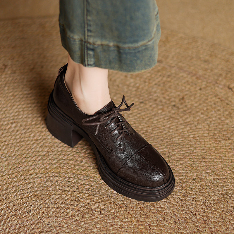 Women's Retro Leather Oxford Shoes Vintage Round Toe Platform Chunky High Heels