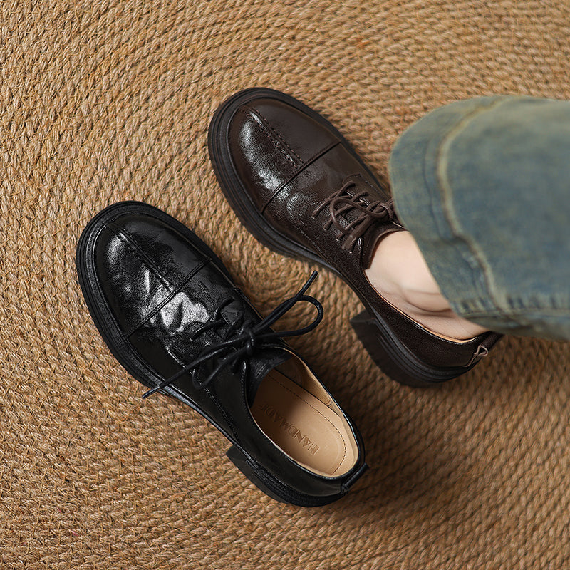 Women's Retro Leather Oxford Shoes Vintage Round Toe Platform Chunky High Heels