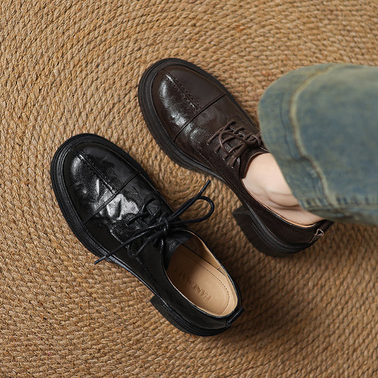 Women's Retro Leather Oxford Shoes Vintage Round Toe Platform Chunky High Heels