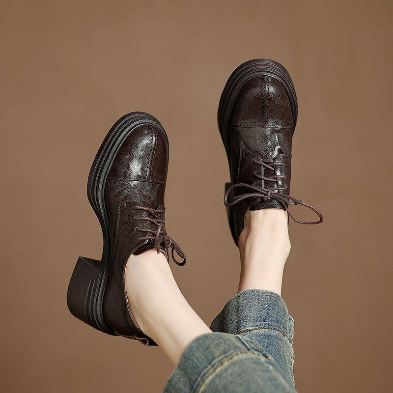 Women's Retro Leather Oxford Shoes Vintage Round Toe Platform Chunky High Heels
