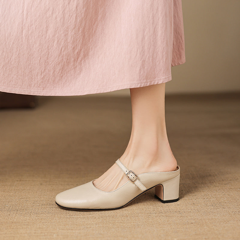 Women's Sheepskin Mary Jane Mules - 5.5cm Chunky Block Heel Adjustable Buckle Strap
