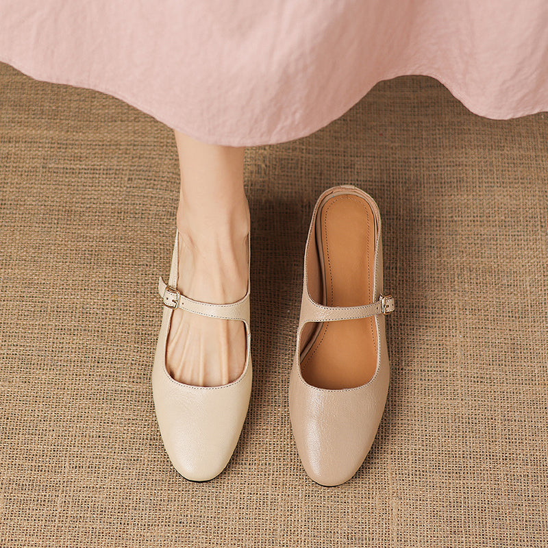 Women's Sheepskin Mary Jane Mules - 5.5cm Chunky Block Heel Adjustable Buckle Strap