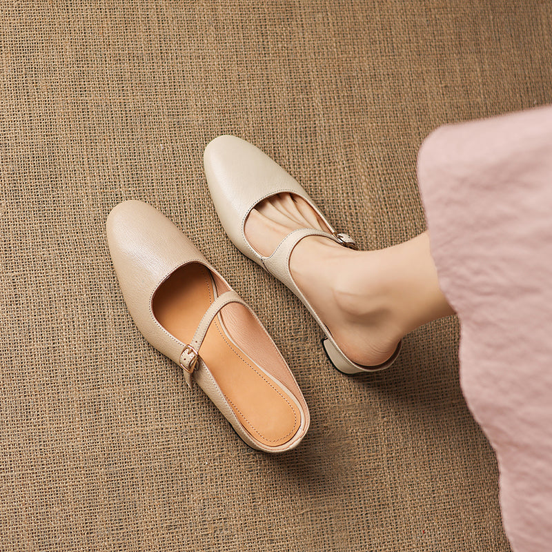 Women's Sheepskin Mary Jane Mules - 5.5cm Chunky Block Heel Adjustable Buckle Strap