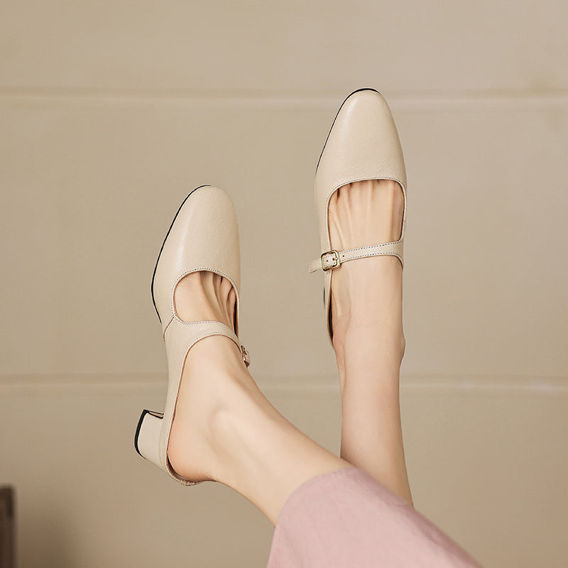 Women's Sheepskin Mary Jane Mules - 5.5cm Chunky Block Heel Adjustable Buckle Strap