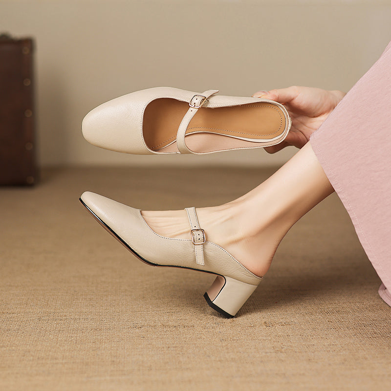 Women's Sheepskin Mary Jane Mules - 5.5cm Chunky Block Heel Adjustable Buckle Strap