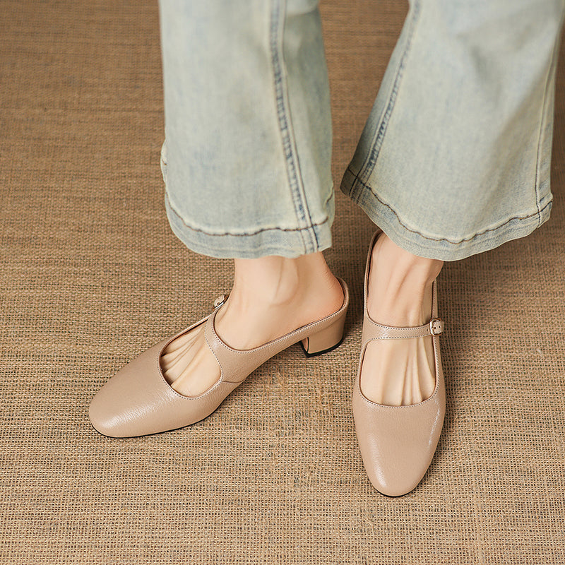 Women's Sheepskin Mary Jane Mules - 5.5cm Chunky Block Heel Adjustable Buckle Strap
