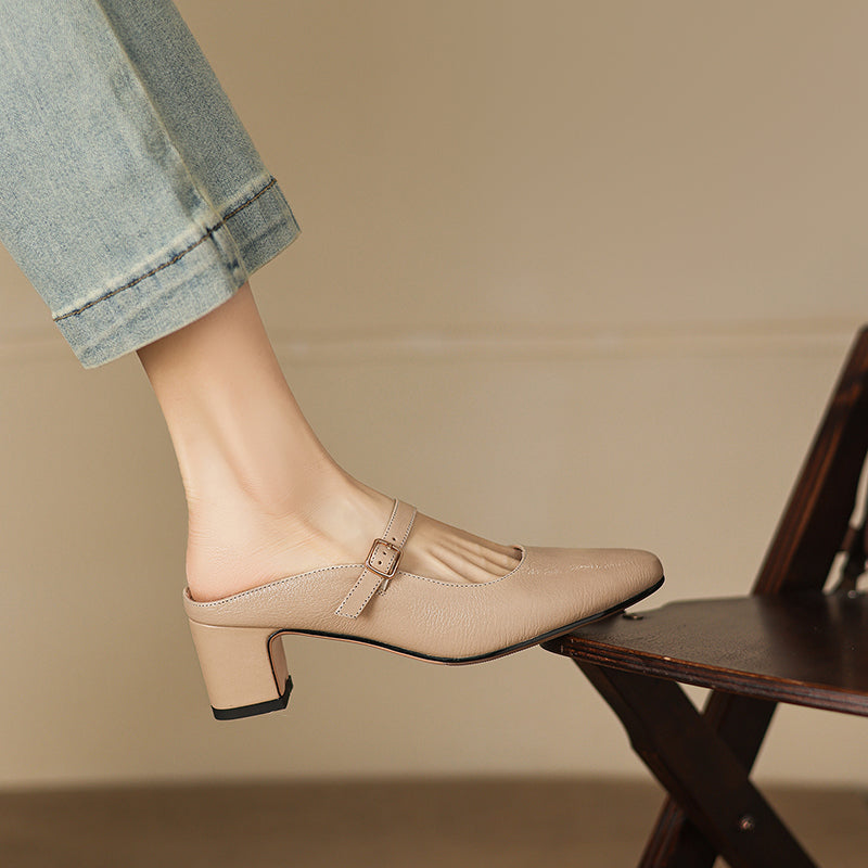 Women's Sheepskin Mary Jane Mules - 5.5cm Chunky Block Heel Adjustable Buckle Strap