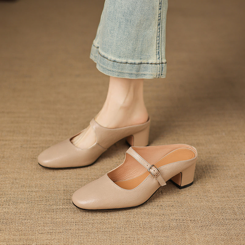 Women's Sheepskin Mary Jane Mules - 5.5cm Chunky Block Heel Adjustable Buckle Strap
