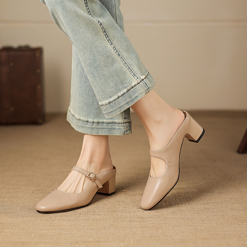 Women's Sheepskin Mary Jane Mules - 5.5cm Chunky Block Heel Adjustable Buckle Strap
