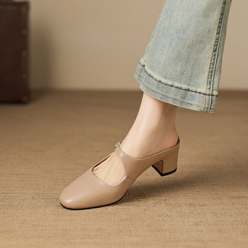 Women's Sheepskin Mary Jane Mules - 5.5cm Chunky Block Heel Adjustable Buckle Strap