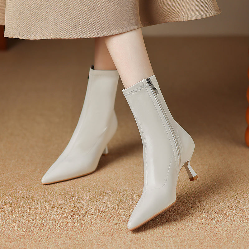 Women's Pointed Toe Stretch Leather Ankle Boots Mid Kitten Heel Sock Boots