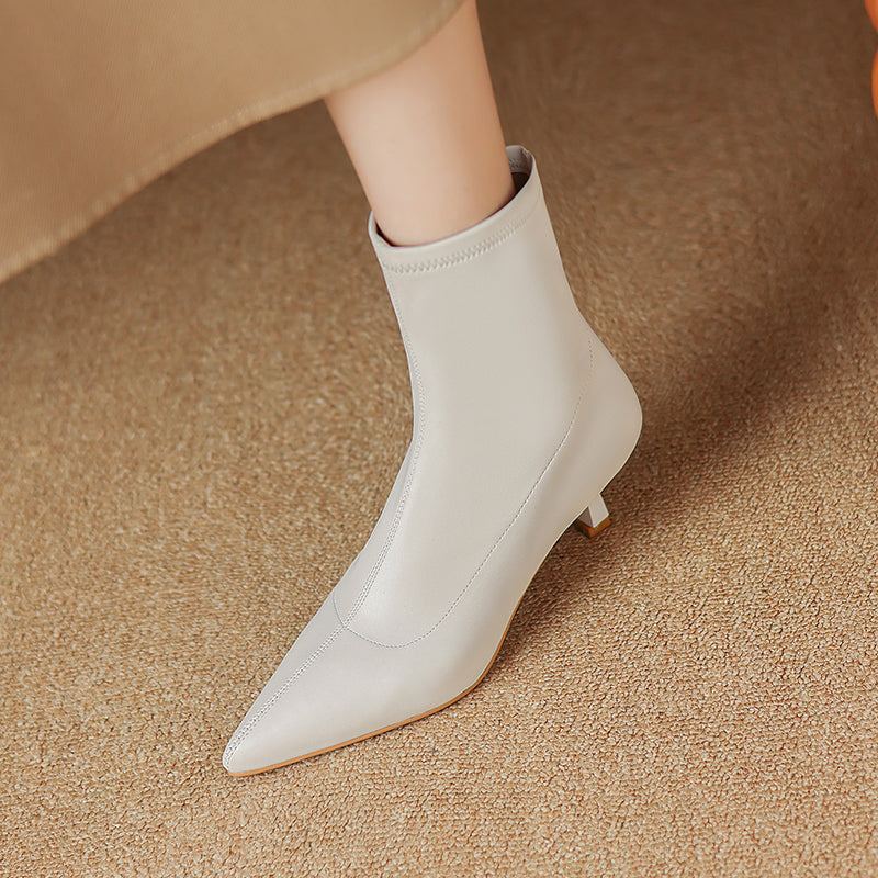 Women's Pointed Toe Stretch Leather Ankle Boots Mid Kitten Heel Sock Boots